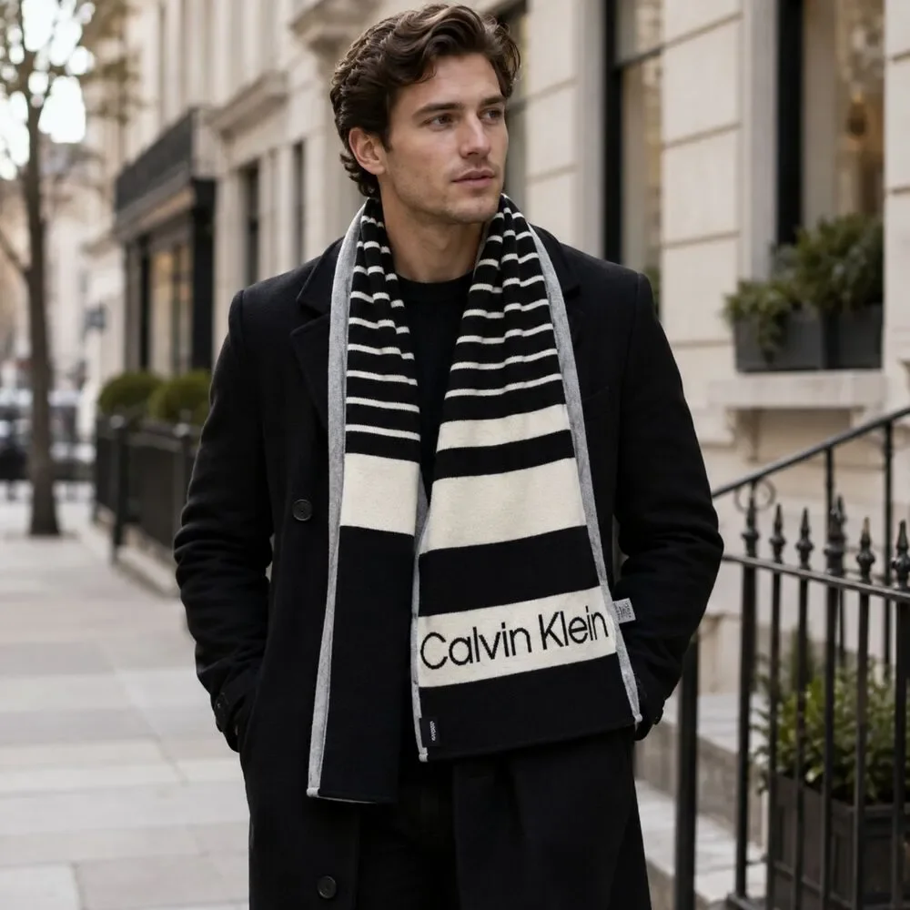 Knit Scarf Calvin Klein Logo Striped Black Gray Unisex Winter 9x82 Minimalist